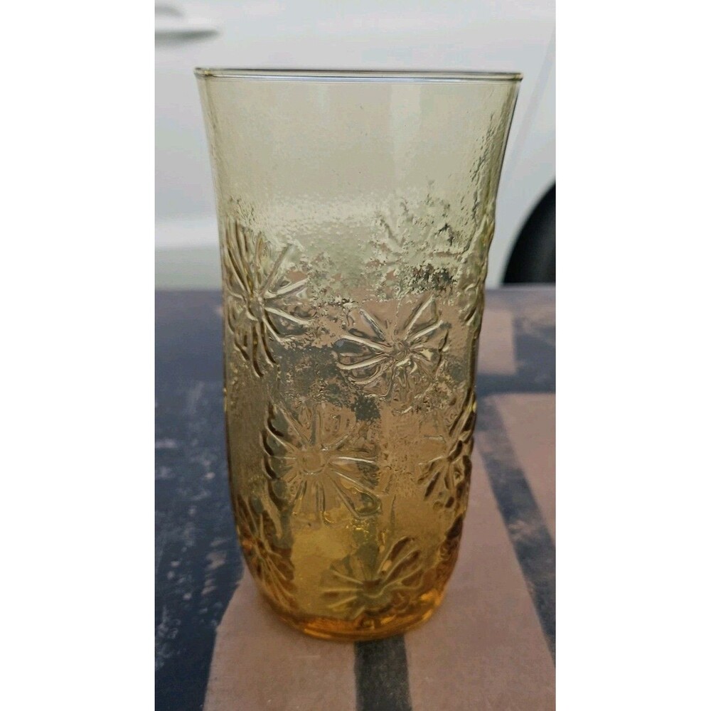 Vintage Anchor Hocking Amber Floral Glass Vase Tumbler Daisy Pattern Retro 70s - Picture 5 of 5